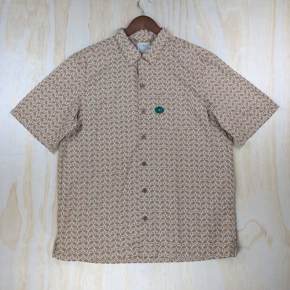 L.L.Bean Men's Medium Traditional Fit Shirt NWOT Short Sleeve Brown Leaf Pattern